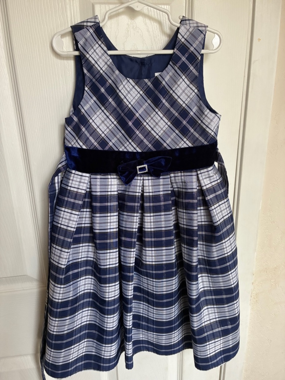Jona Michelle Navy and White Plaid Dress with Velvet Bow